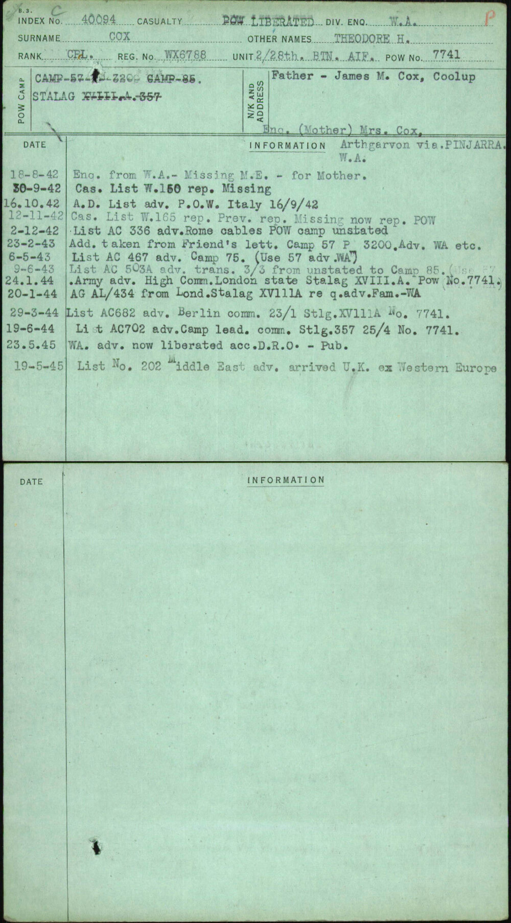 Cox, Theodore H, WX6788