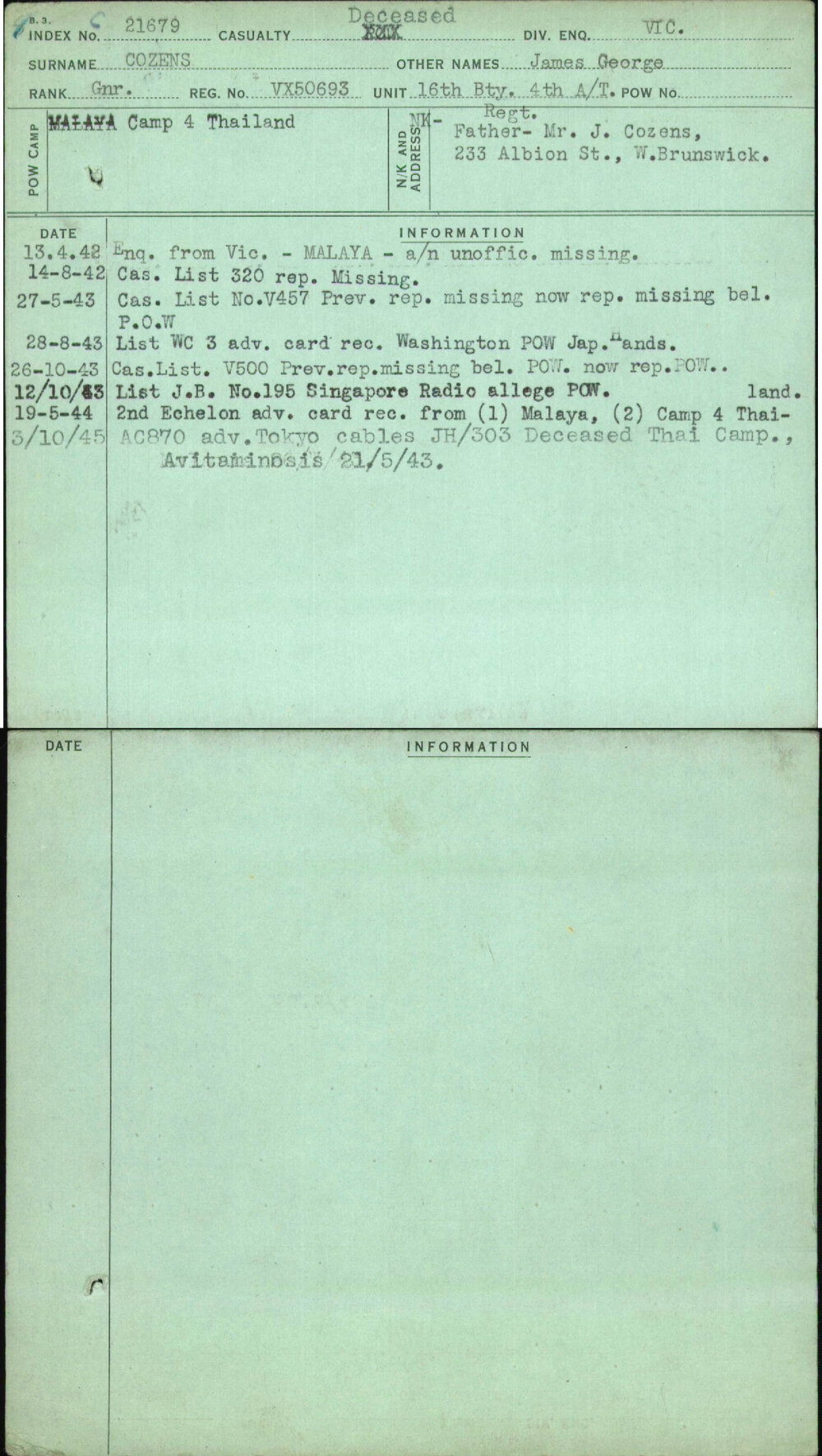 Cozens, James George, VX50693