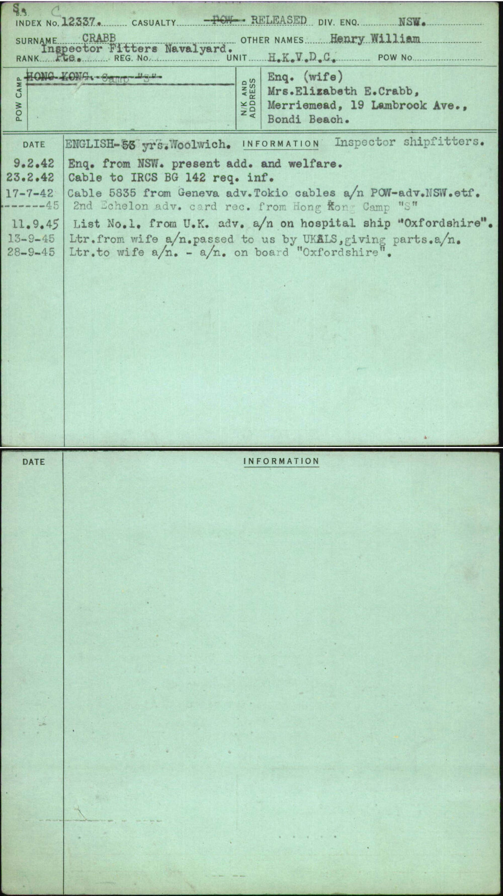 Crabb, Henry William, [No Service Number]