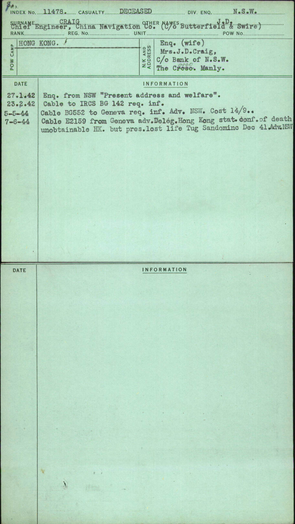 Craig, J D, [No Service Number]