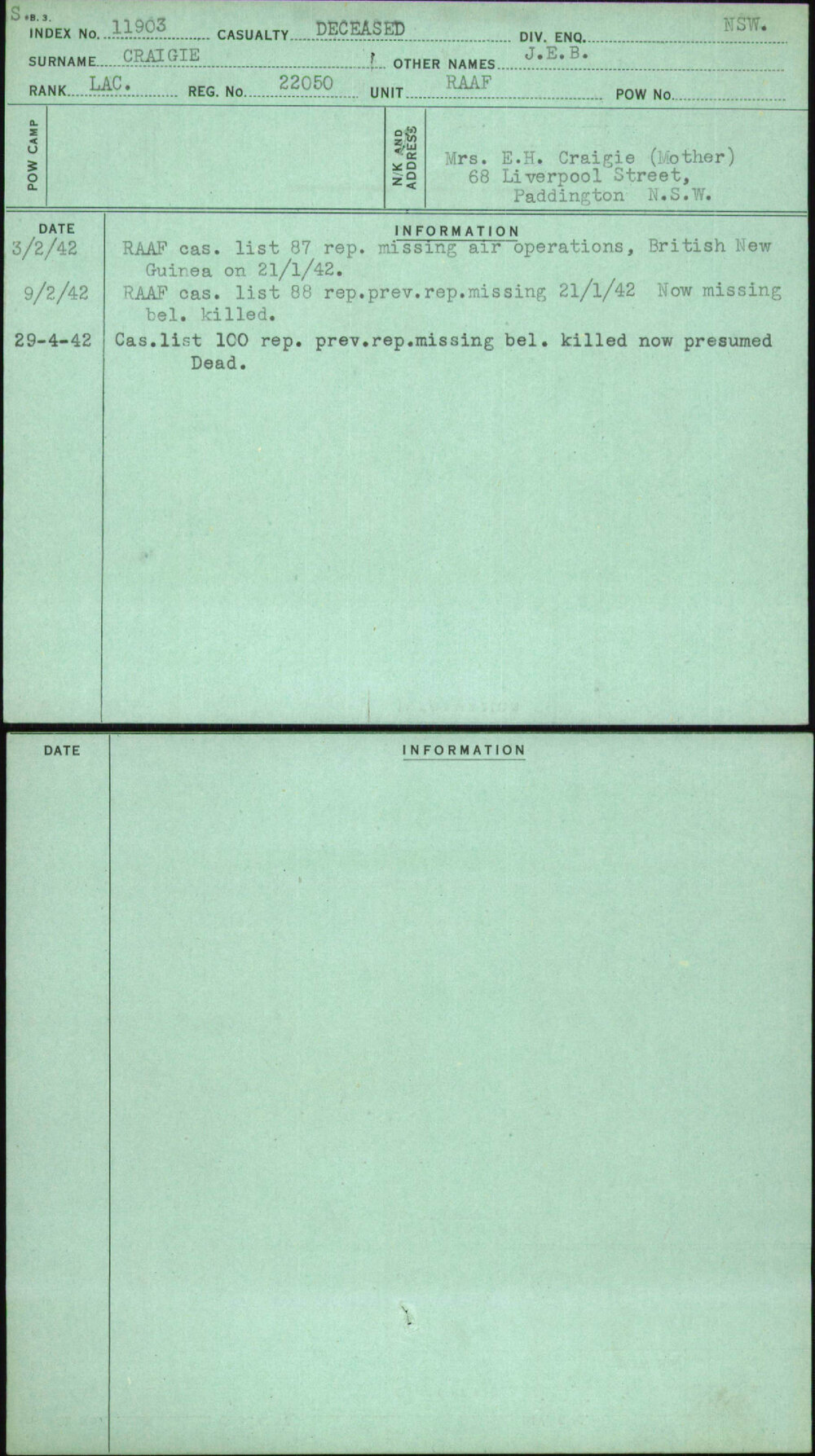 Craigie, J E B, 22050