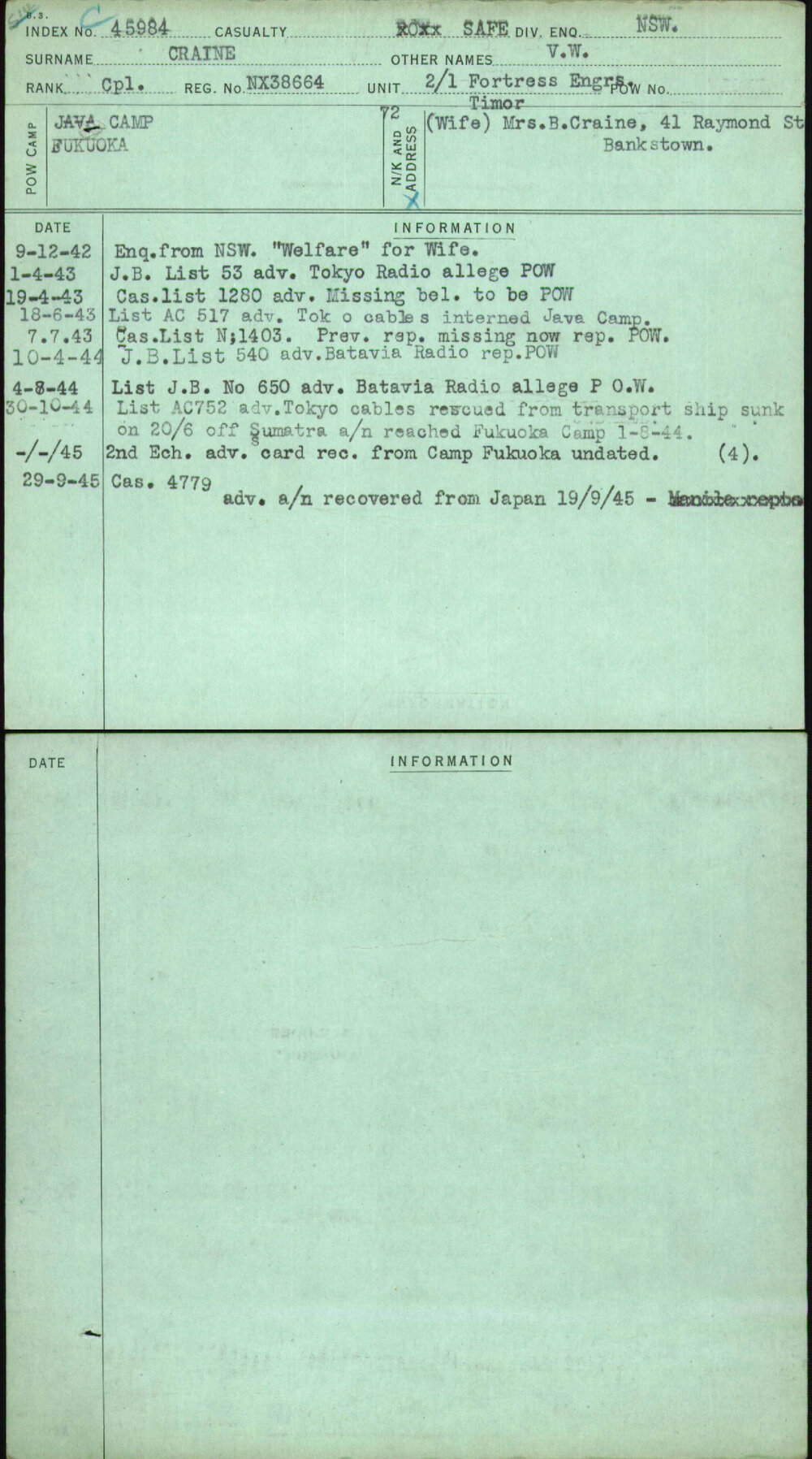 Craine, V W, NX38664