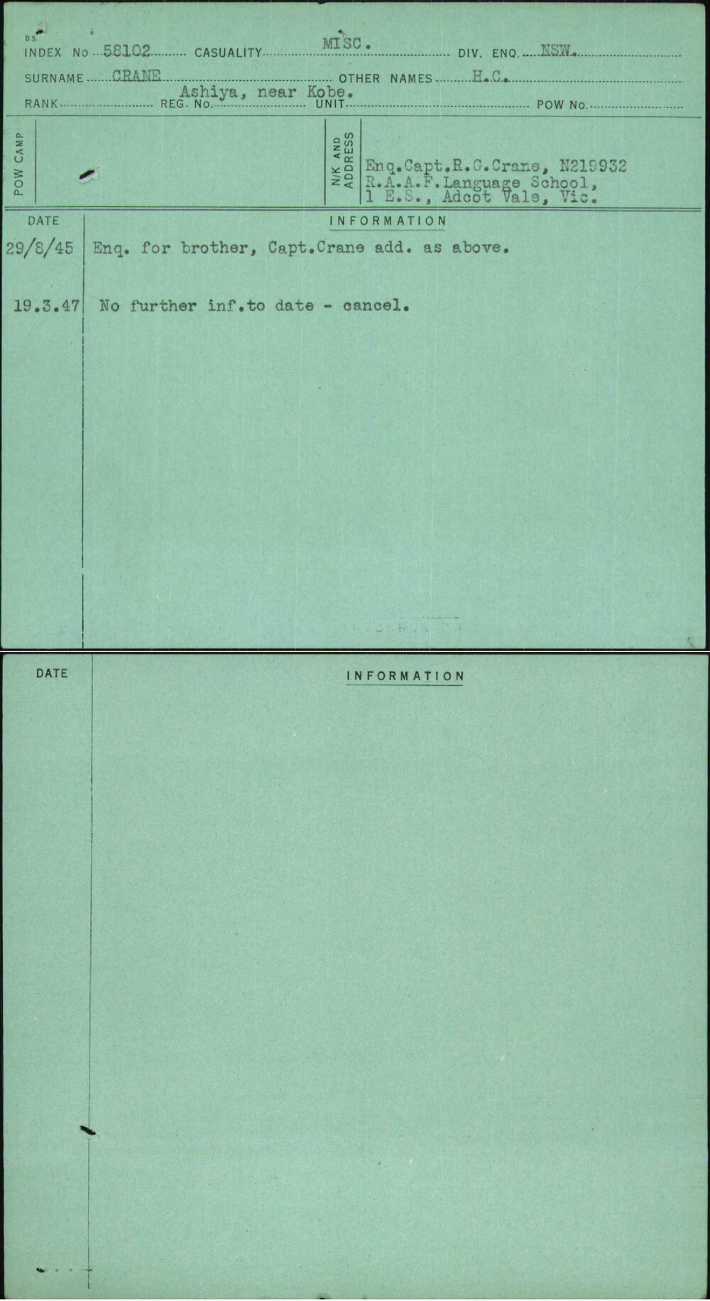 Crane, H C, Ashiya Near Kobe