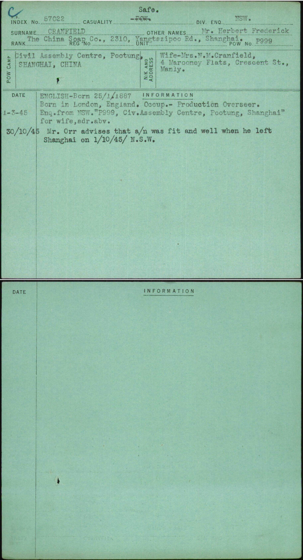 Cranfield, Mr Herbert Frederick, [No Service Number]