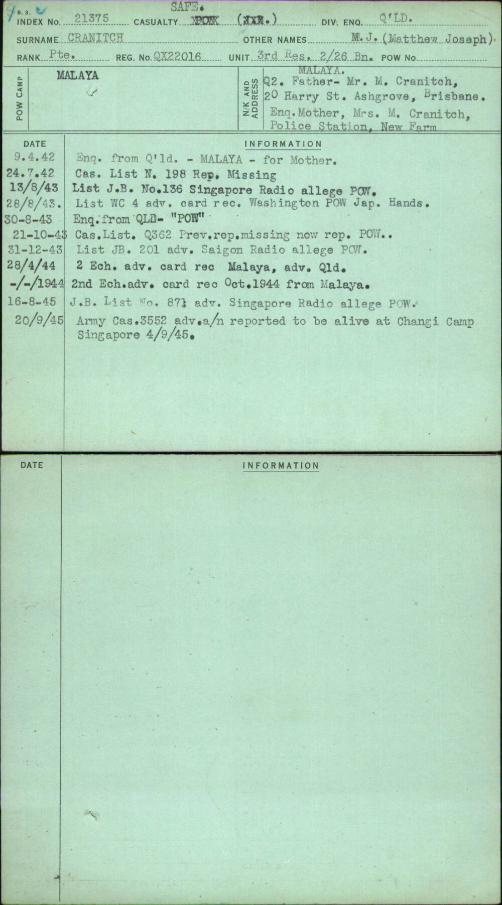 Cranitch, M J (Matthew Joseph), QX22016