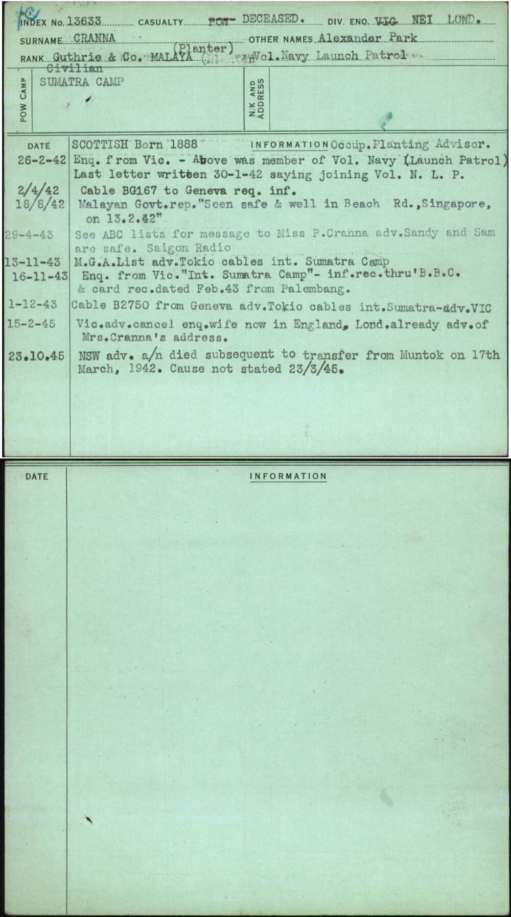 Cranna, Alexander Park, [No Service Number]