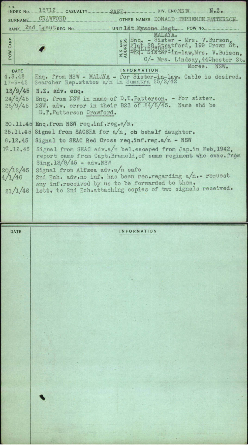 Crawford, Donald Terrence Patterson, [No Service Number]