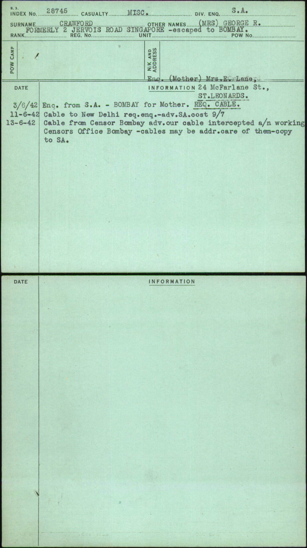 Crawford, (Mrs) George R, [No Service Number]