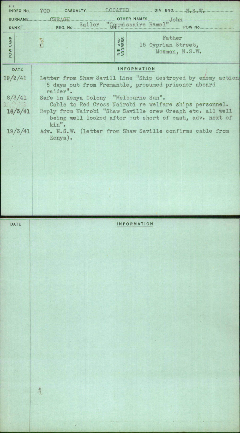 Creagh, John, Sailor Commissaire Ramel