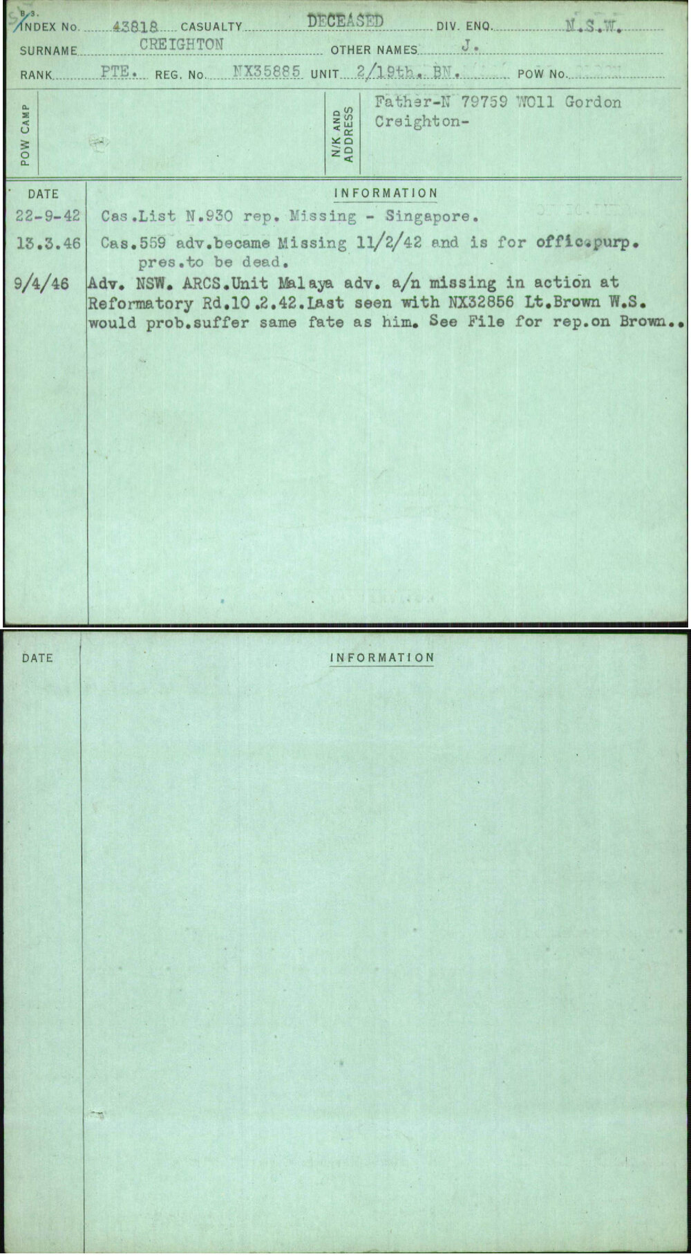 Creighton, J, NX35885