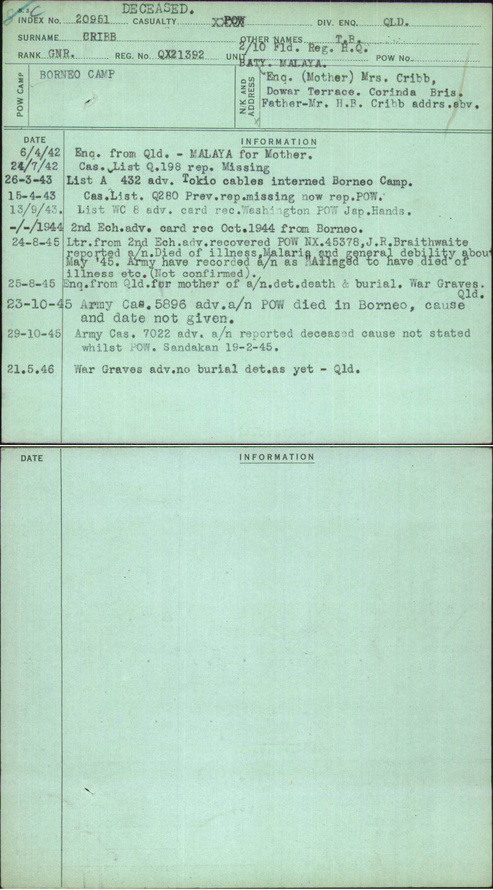 Cribb, T B, QX21392