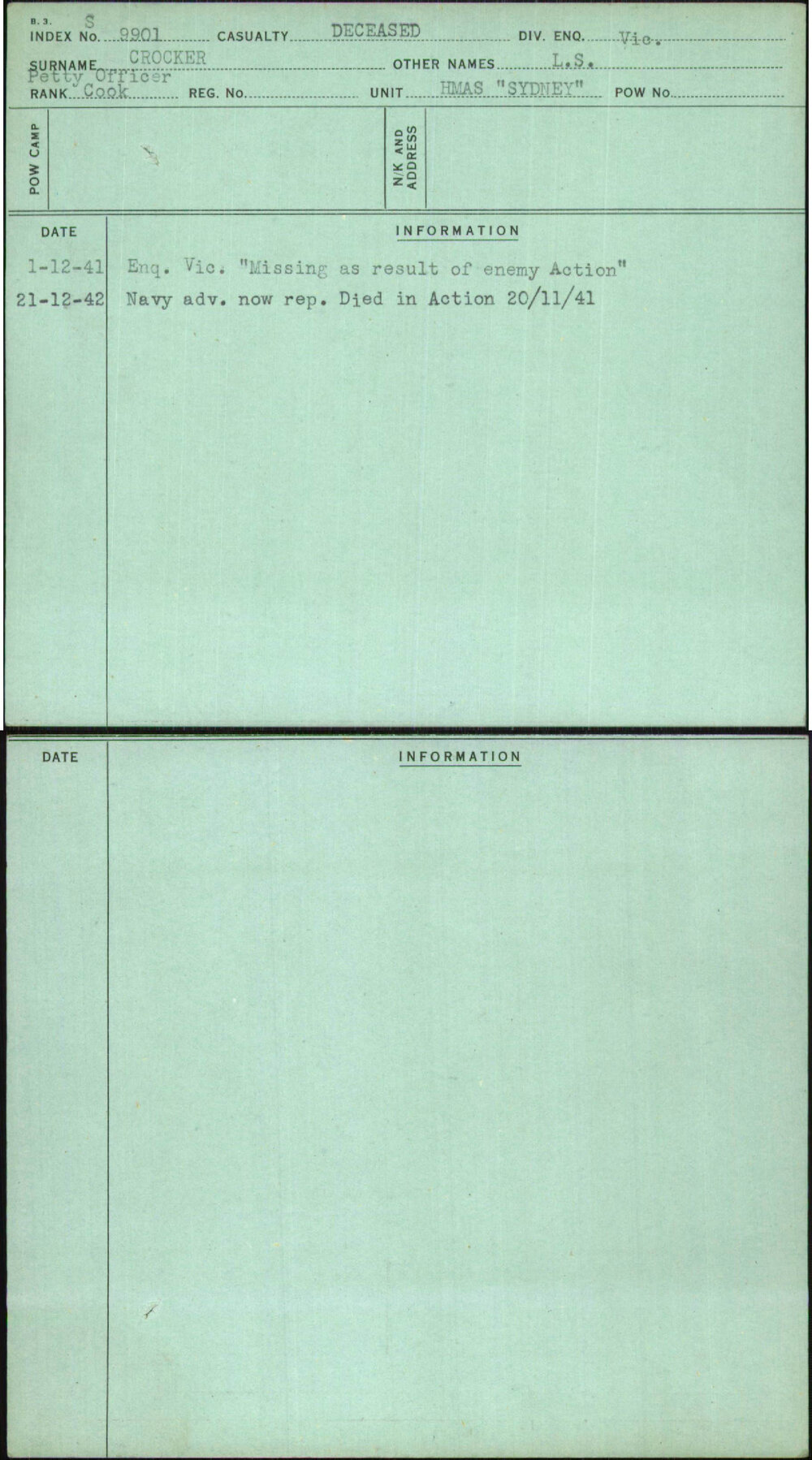 Crocker, L S, [No Service Number]