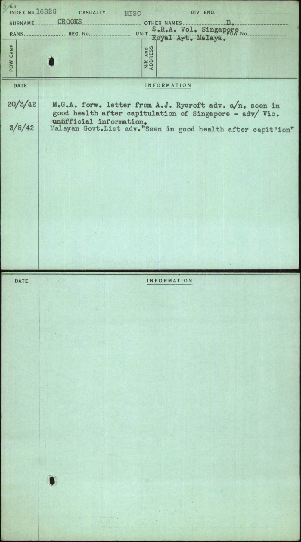 Crooks, D, [No Service Number]