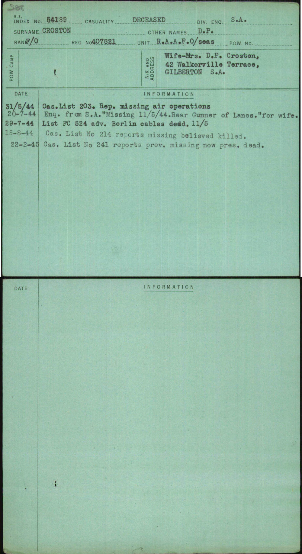 Croston, D P, 407821