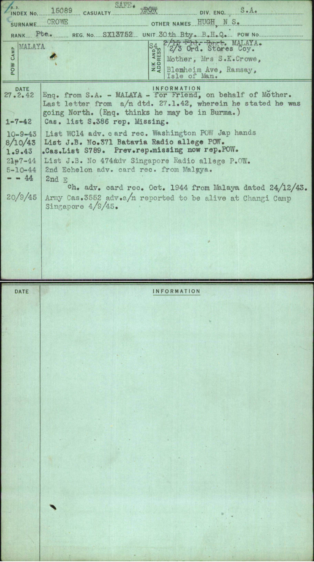 Crowe, Hugh N S, SX13752