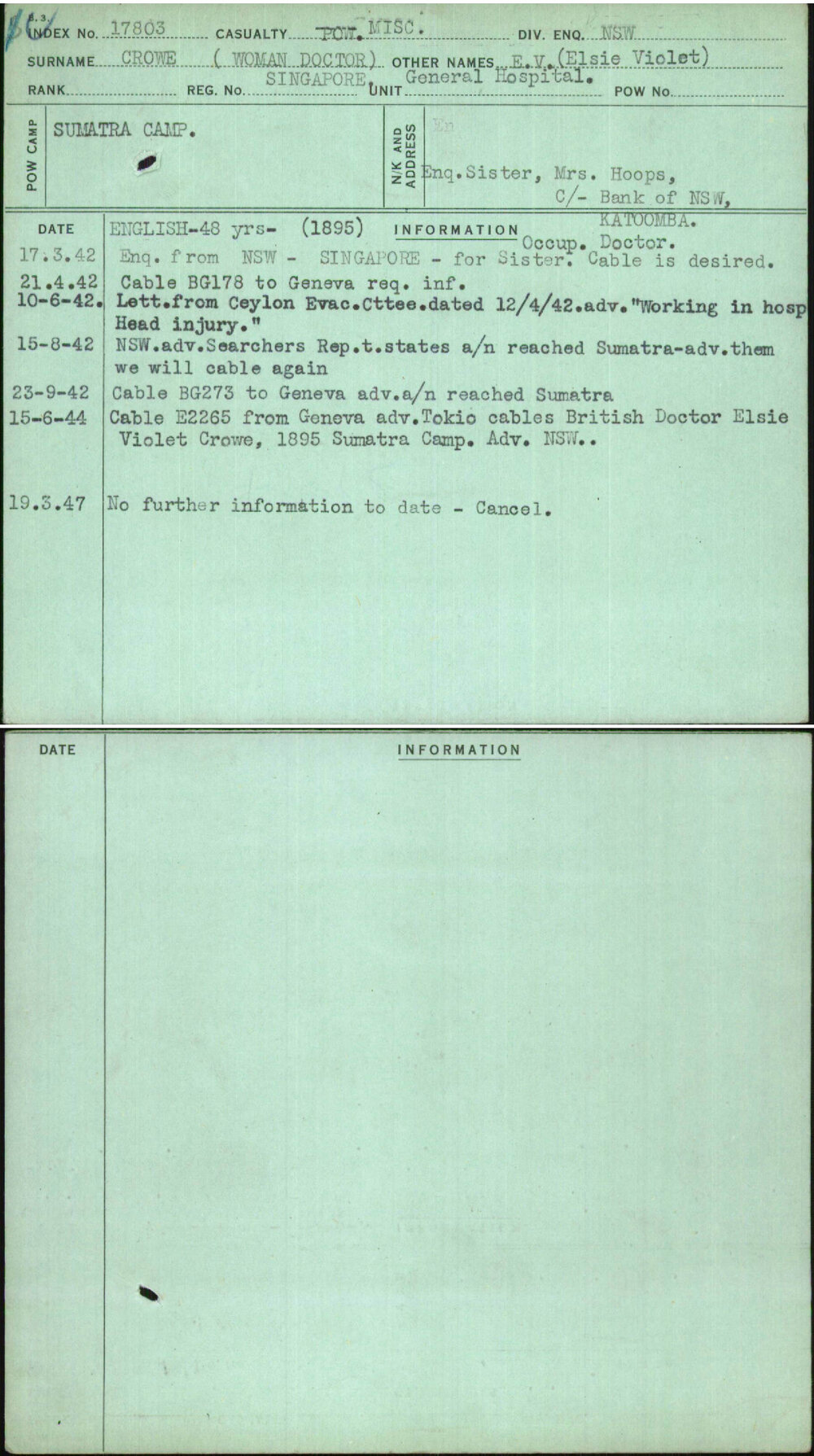 Crowe (Woman Doctor), E V (Elsie Violet), Singapore