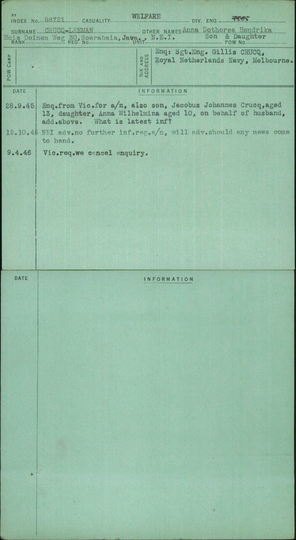 Crucq-Leeman, Anna Dothorea Hendrika Son &amp; Daughter, [No Service Number]