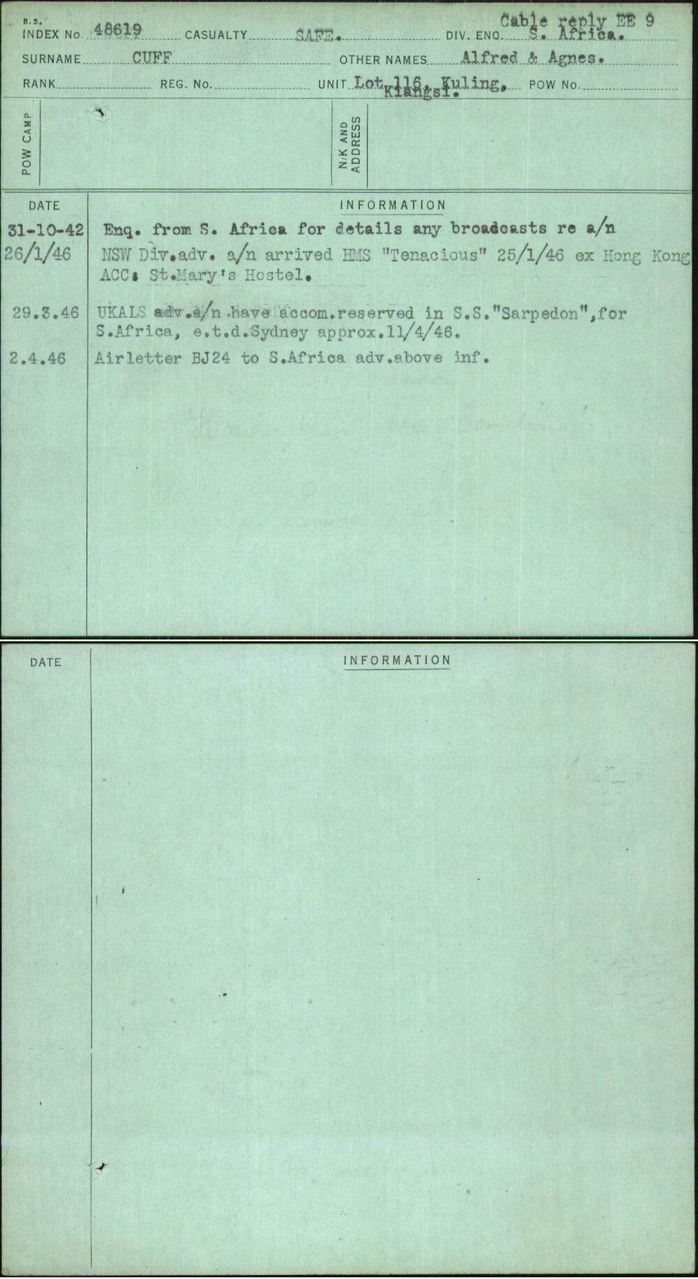 Cuff, Alfred &amp; Agnes, [No Service Number]