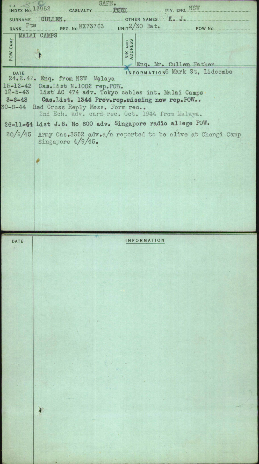 Cullen, K J, NX73763