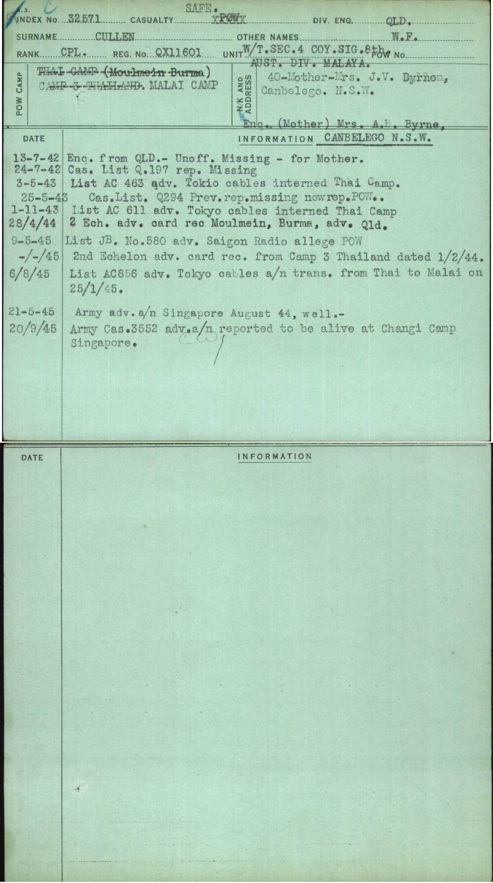 Cullen, W F, QX11601