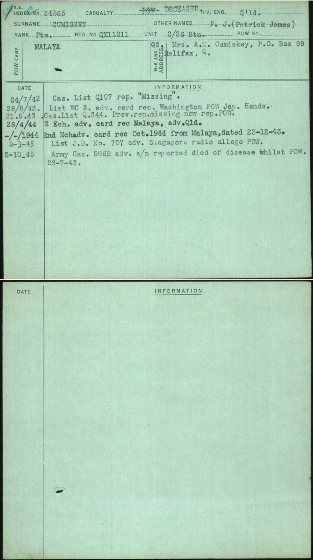 Cumiskey, P J (Patrick James), QX11211