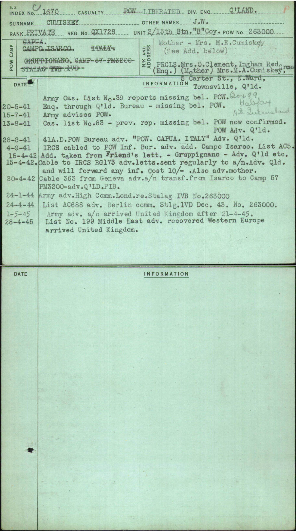 Cumiskey, J W, QX1728