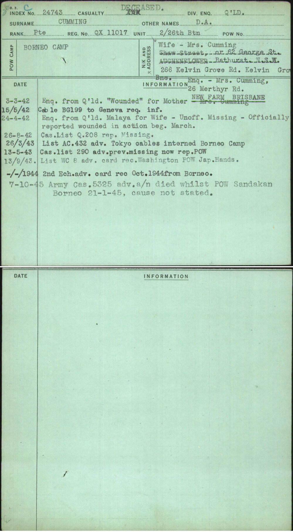 Cumming, D A, QX11017