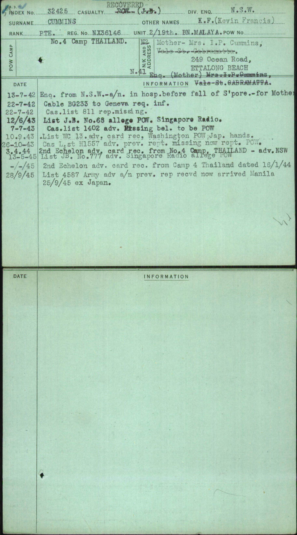 Cummins, K F (Kevin Francis), NX36146