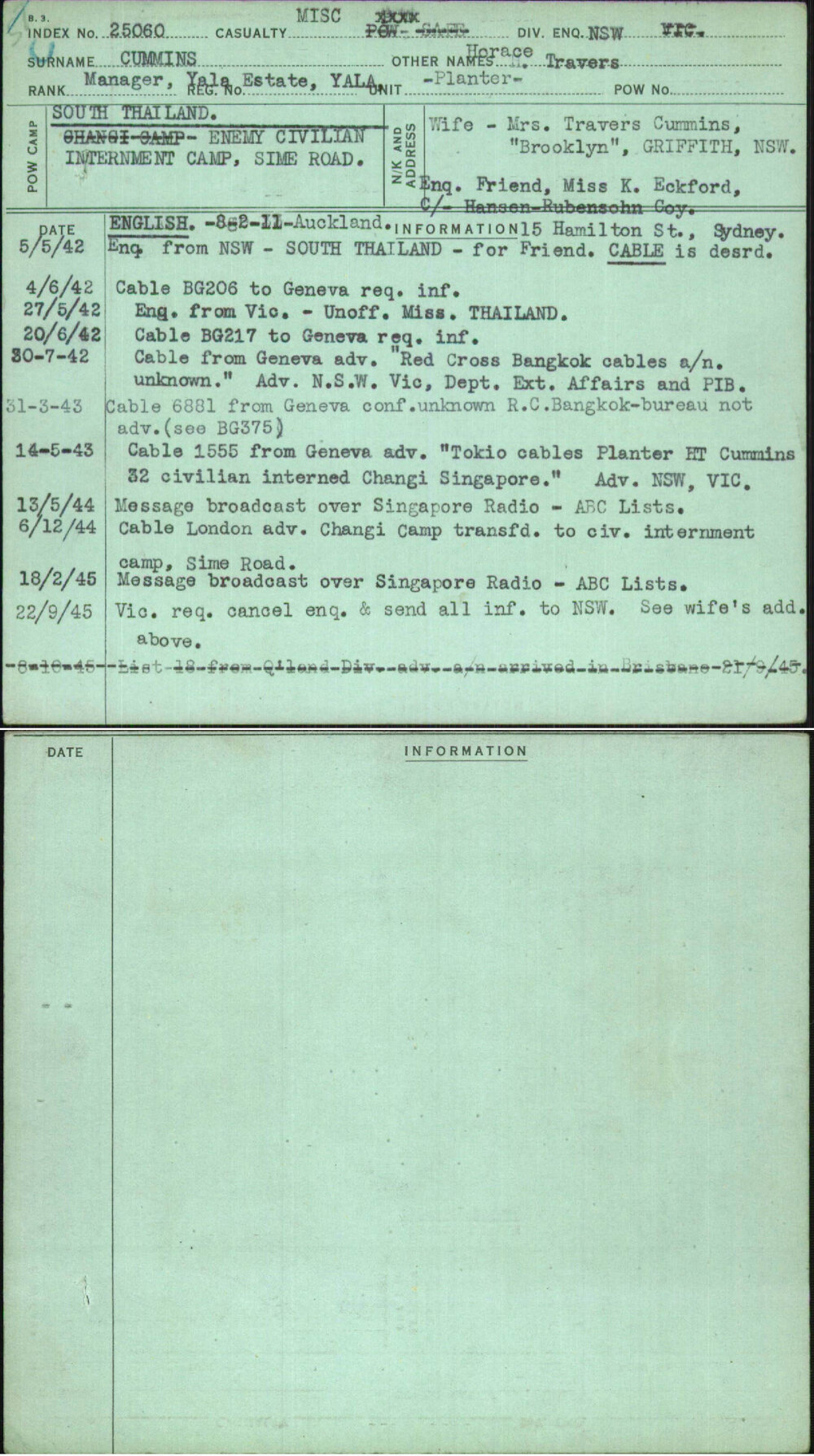 Cummins, Horace Travers, [No Service Number]