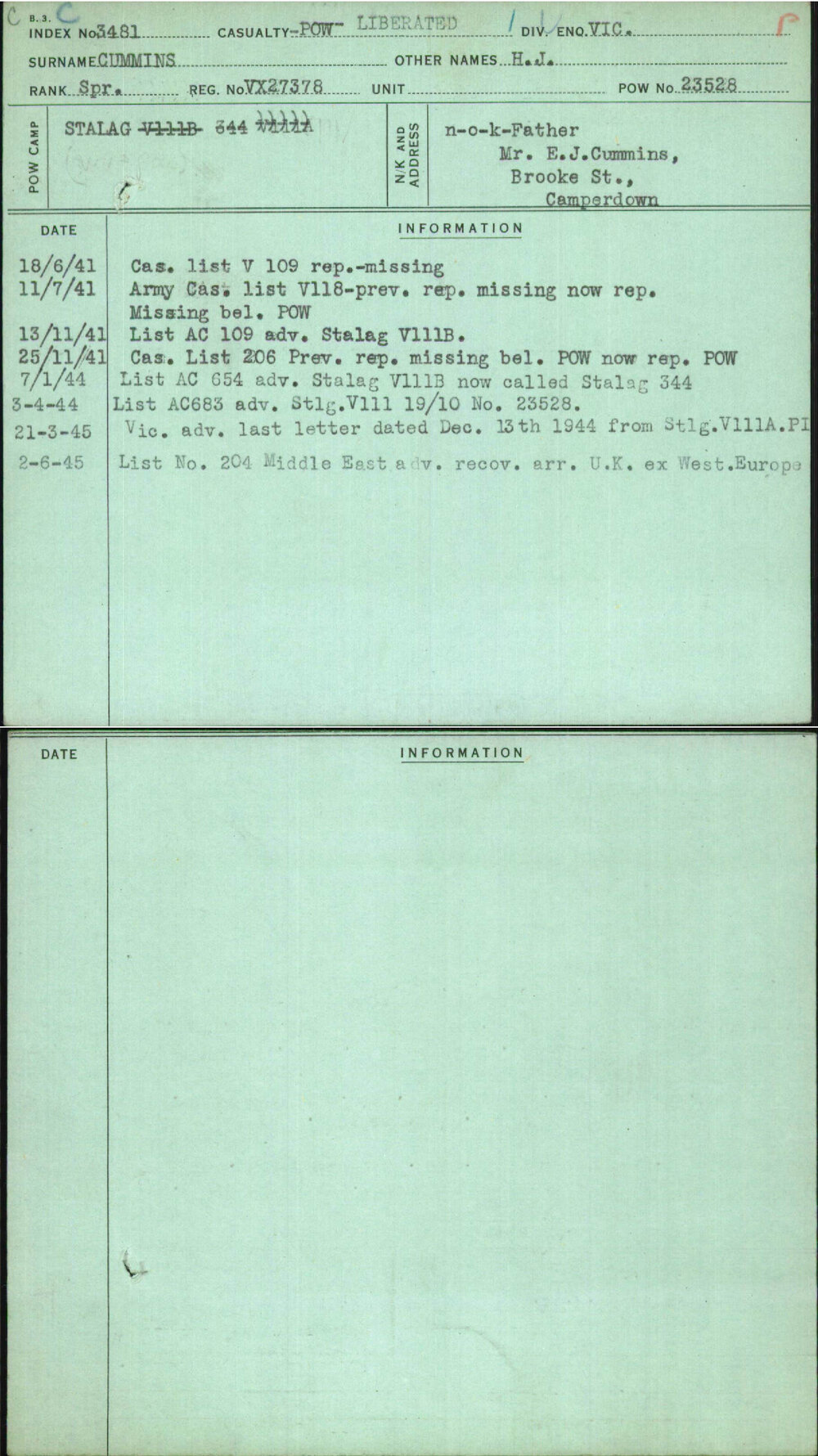 Cummins, H J, VX27378