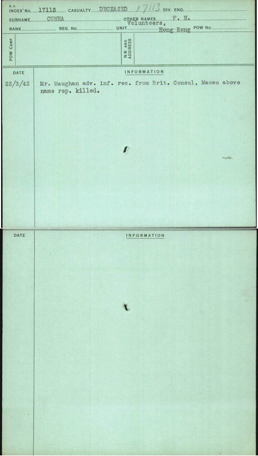 Cunha, F N, [No Service Number]