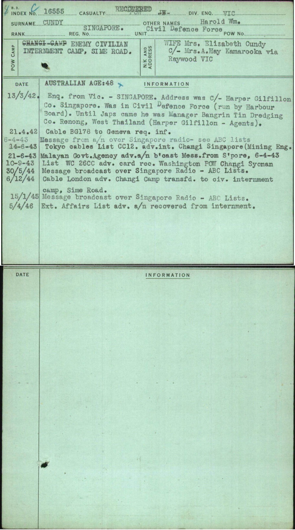 Cundy, Harold Wm, Singapore