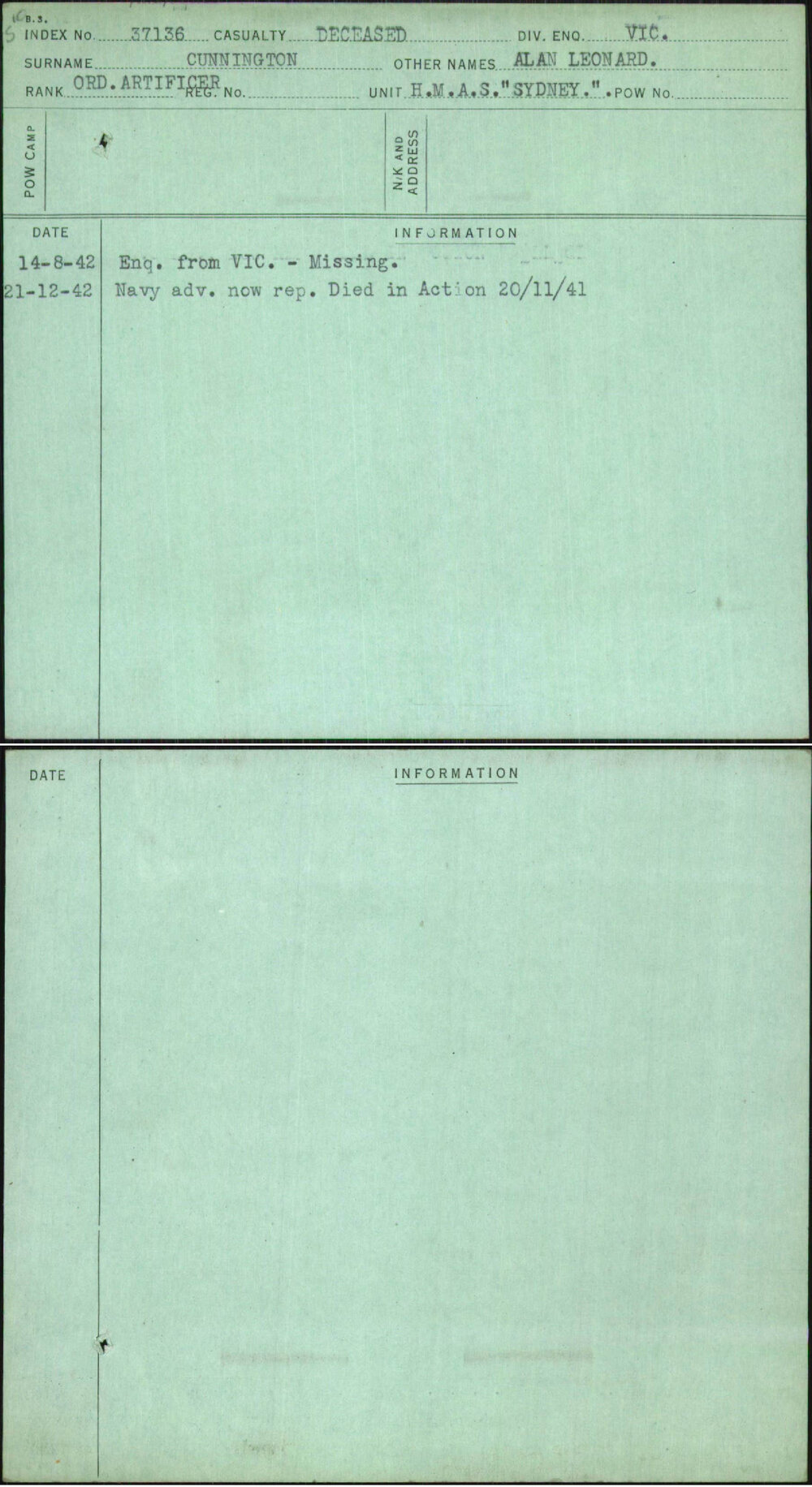 Cunnington, Alan Leonard, [No Service Number]