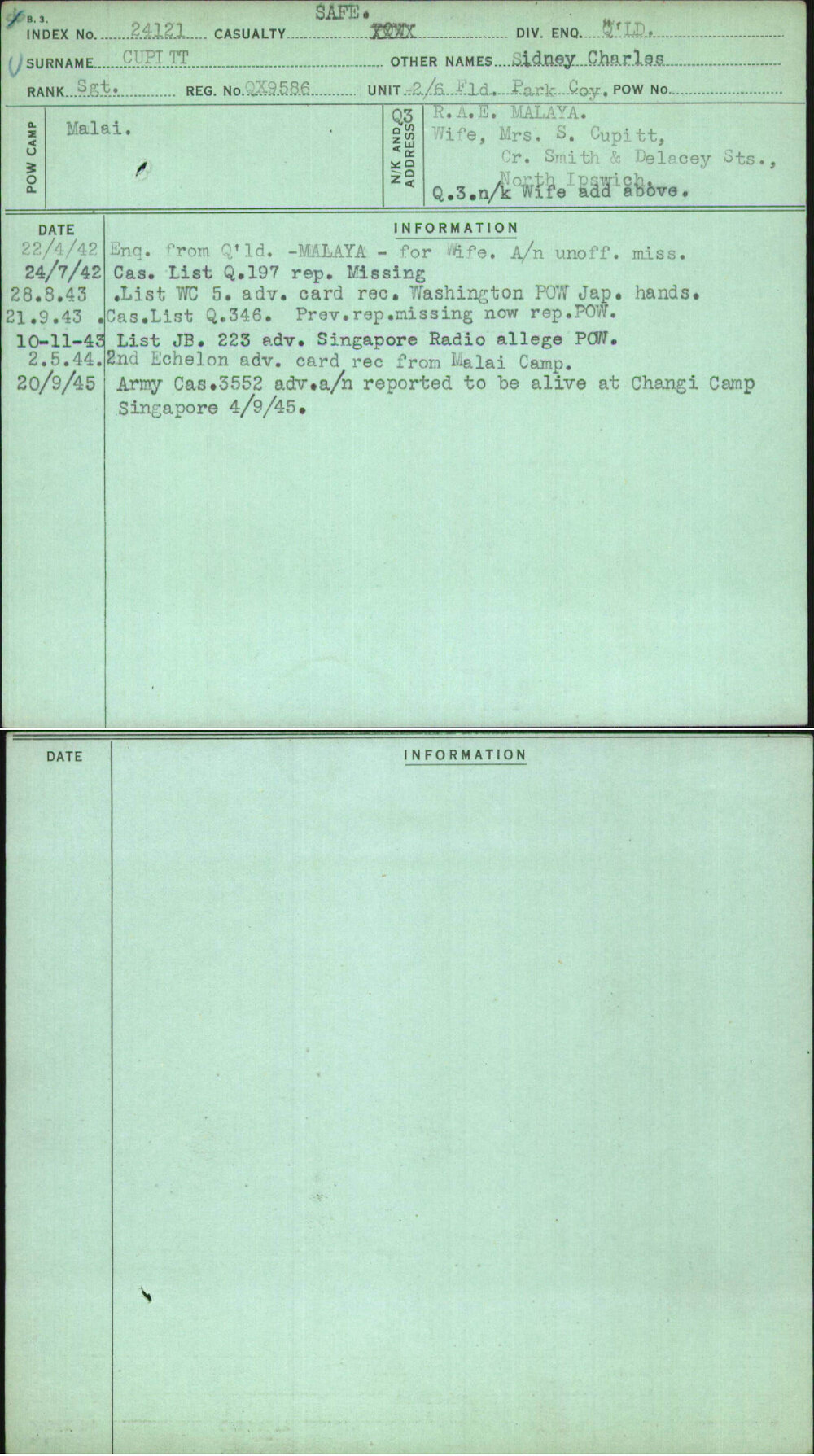Cupitt, Sidney Charles, QX9586