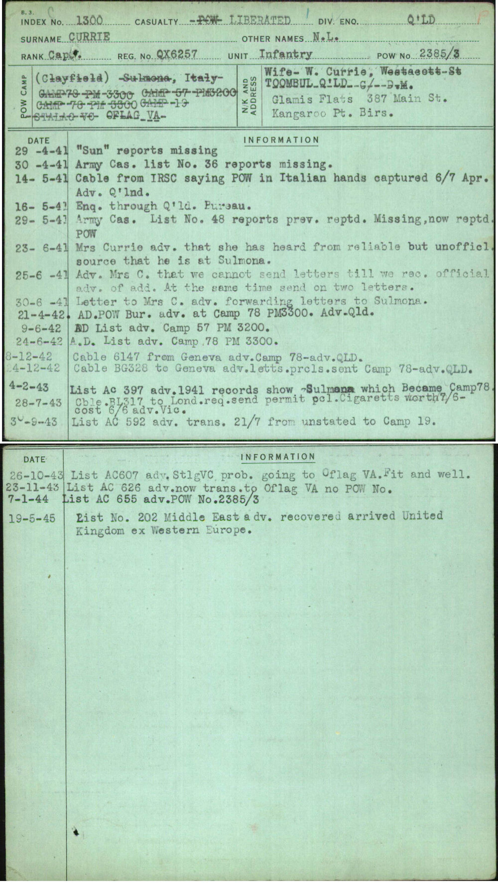 Currie, N L, QX6257