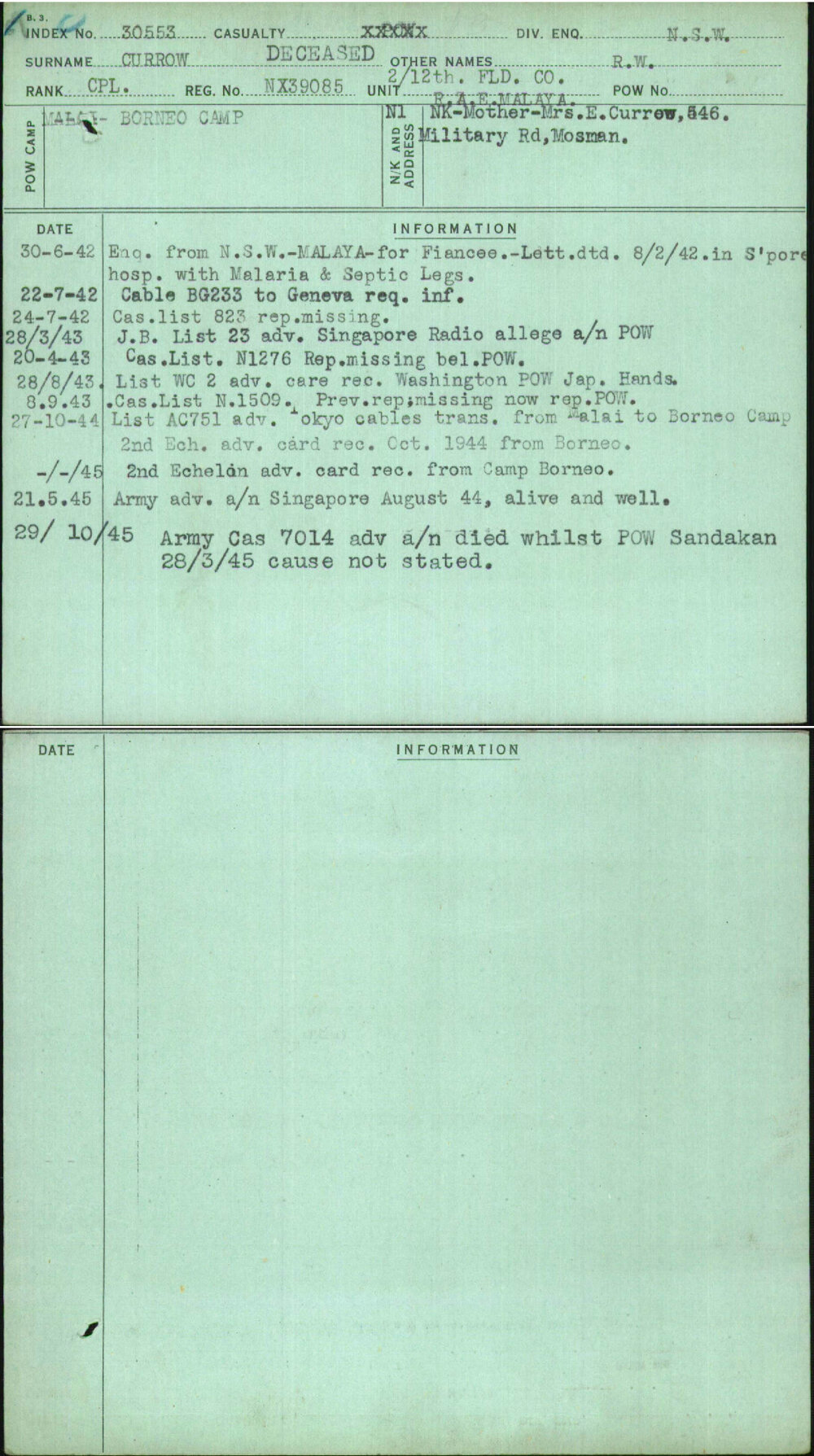 Currow, R W, NX39085