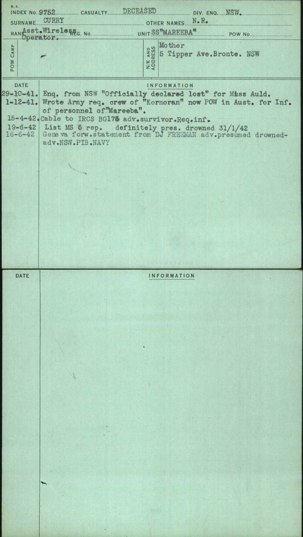 Curry, N R, [No Service Number]