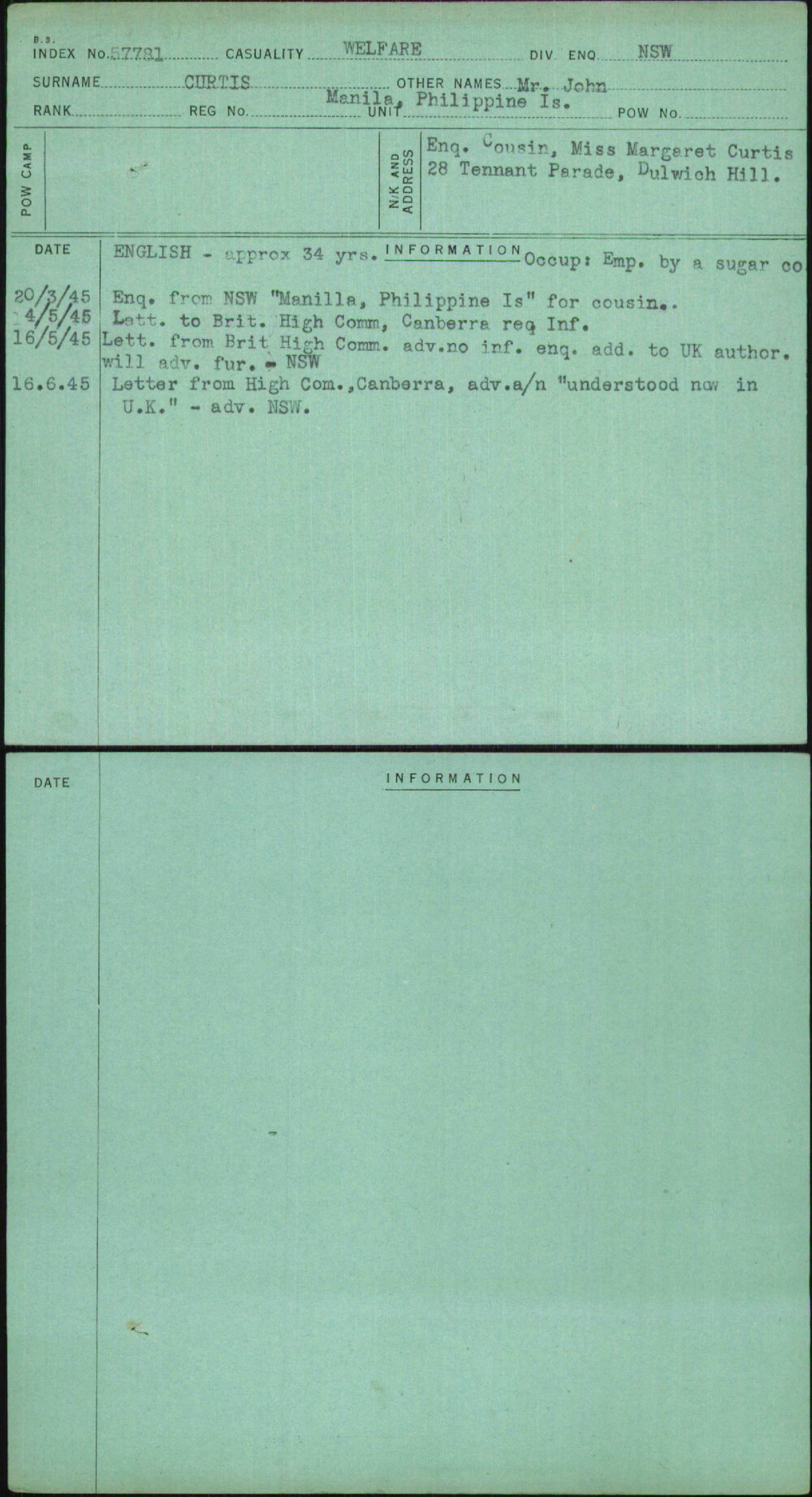 Curtis, Mr John, Manila Philippine Is