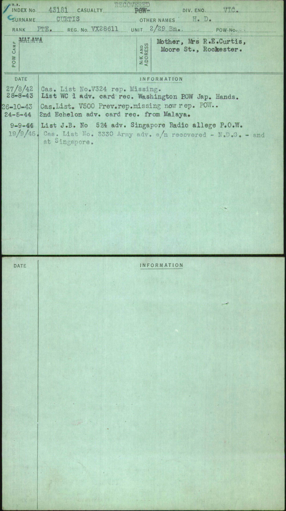 Curtis, H D, VX28611