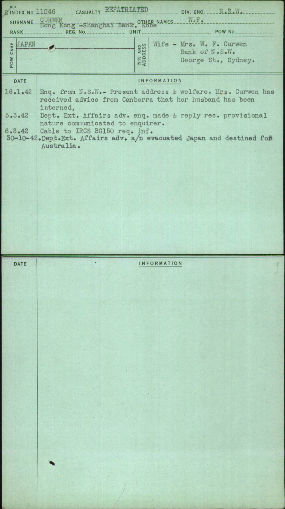 Curwen, W F, [No Service Number]