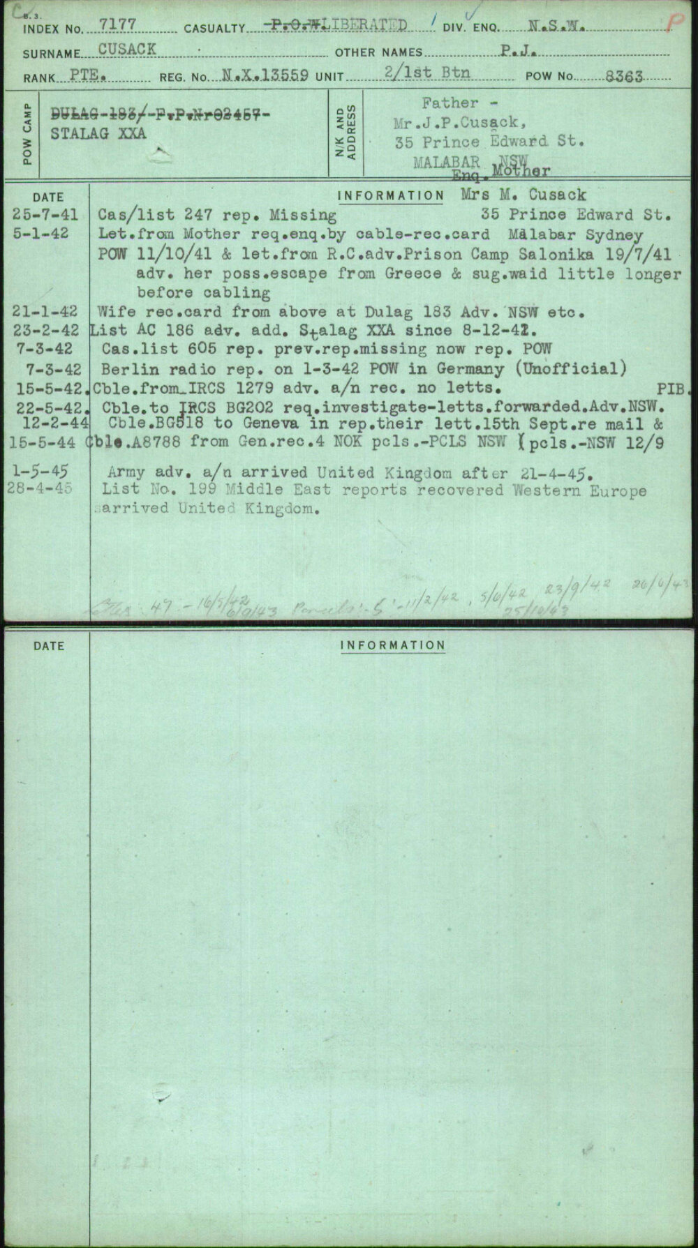 Cusack, P J, NX13559