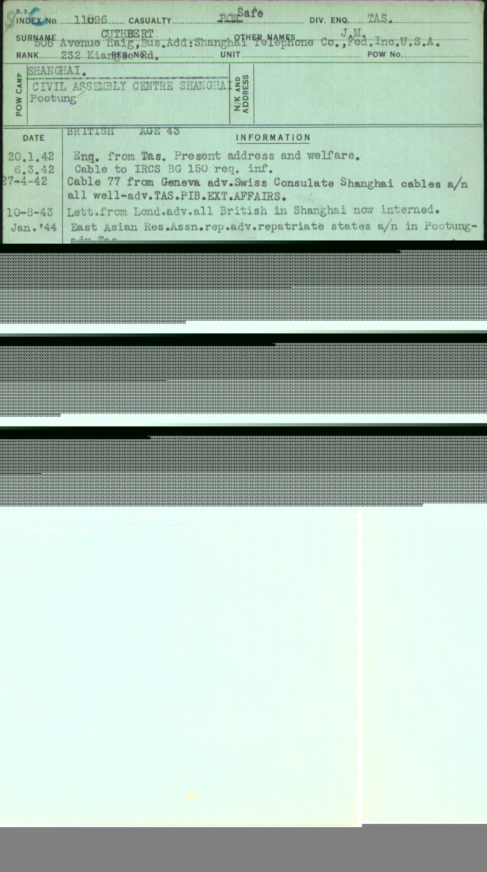 Cuthbert, J M, [No Service Number]