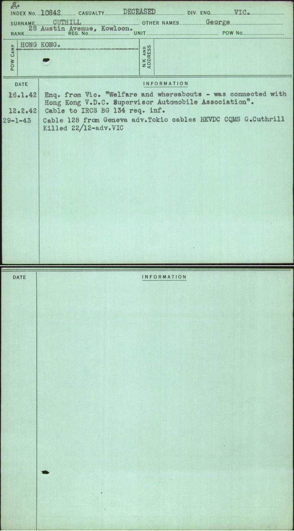 Cuthill, George, [No Service Number]