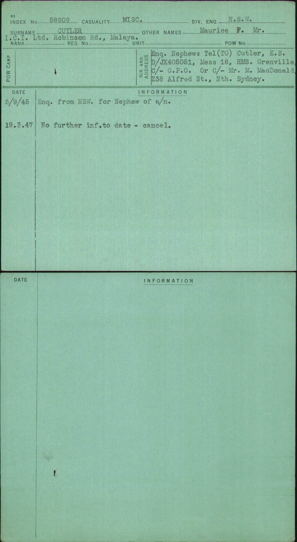 Cutler, Maurice F Mr, [No Service Number]