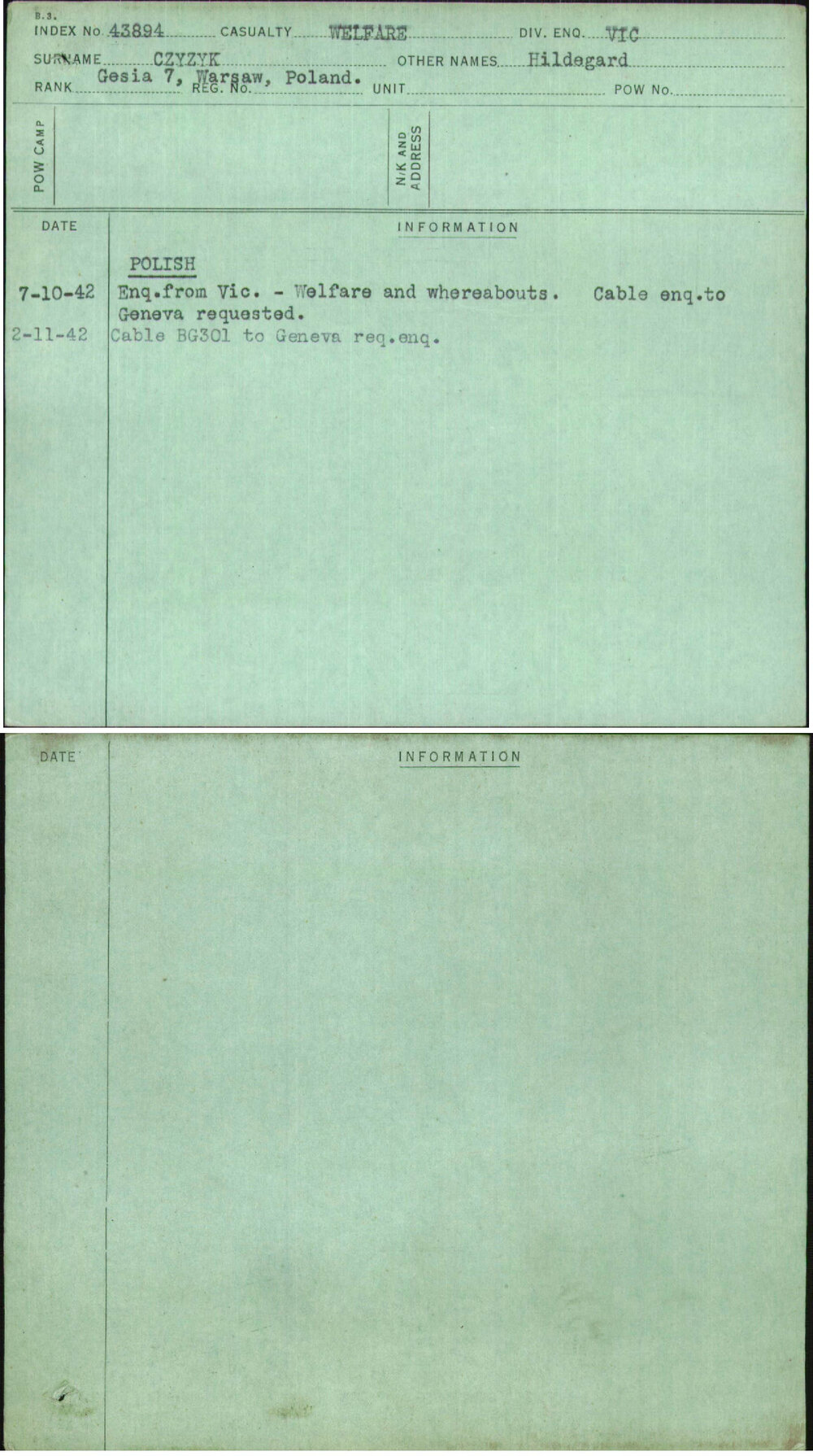 Czyzyk, Hildegard, [No Service Number]