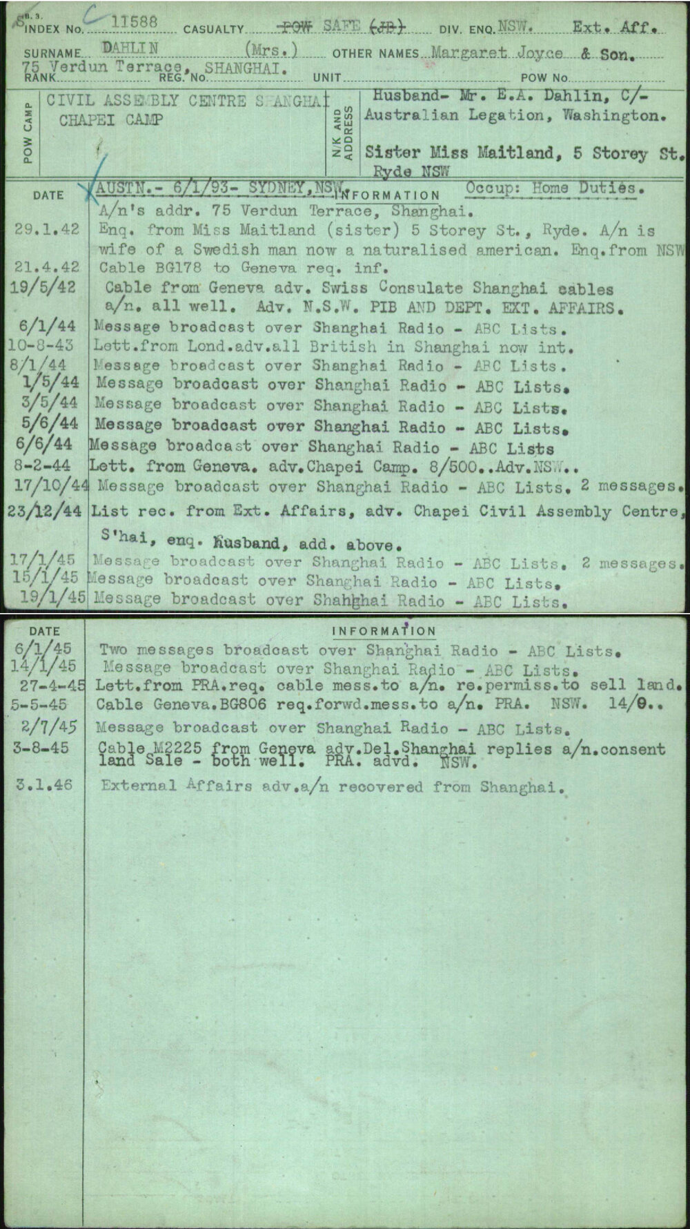Dahlin (Mrs), Margaret Joyce &amp; Son, [No Service Number]