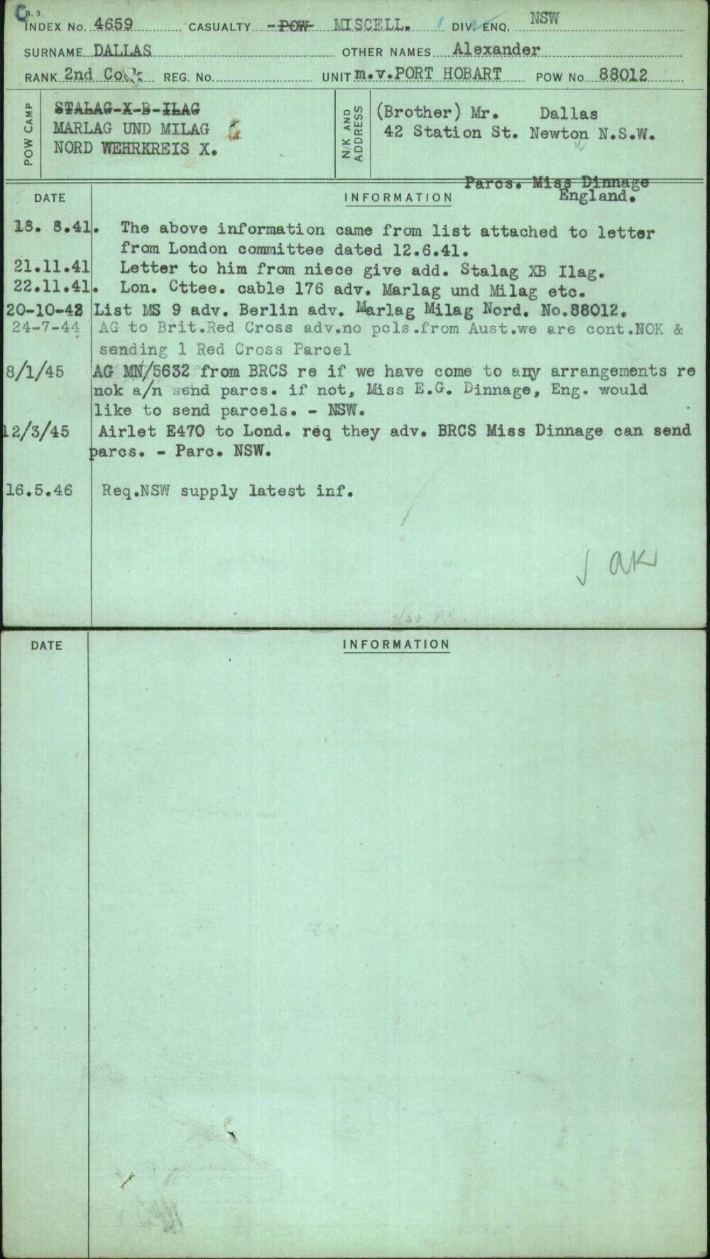 Dallas, Alexander, [No Service Number]