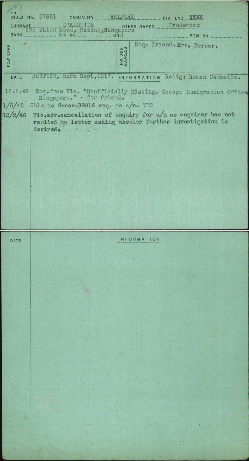 D'Almeida, Frederick, [No Service Number]