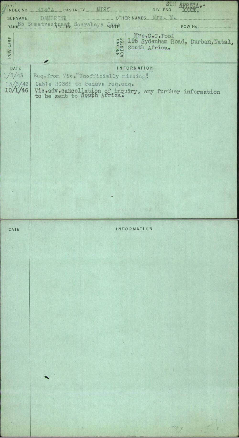 Dambrink, Mrs M, [No Service Number]