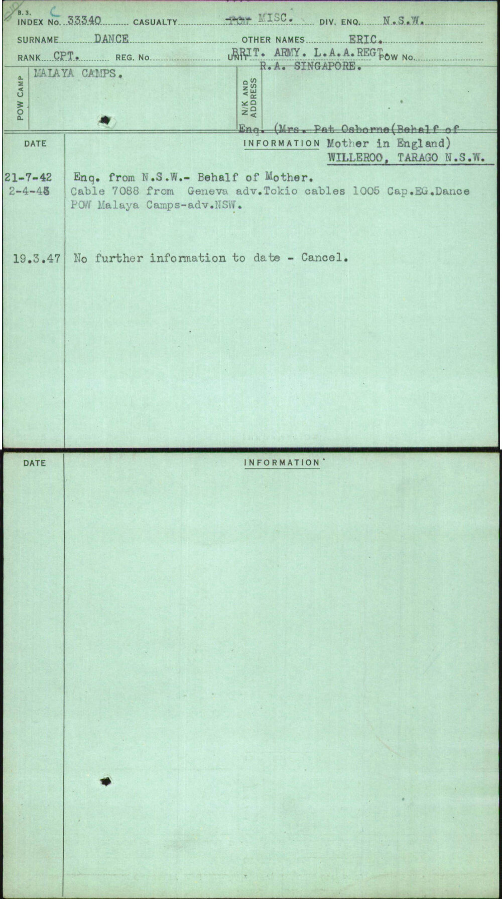 Dance, Eric, [No Service Number]